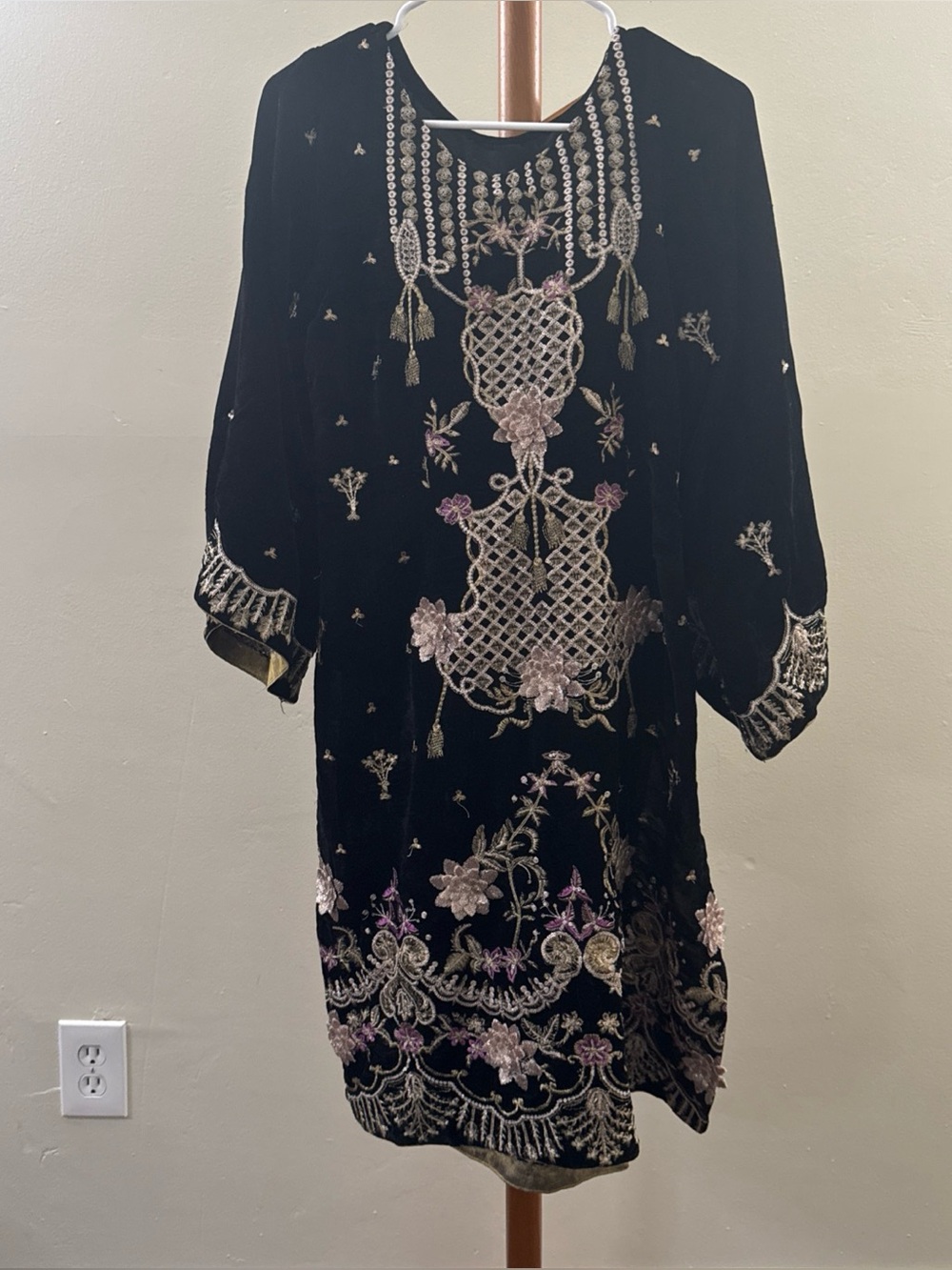 Embroidered Black Velvet Tunic Dress with Metallic Floral Detailing